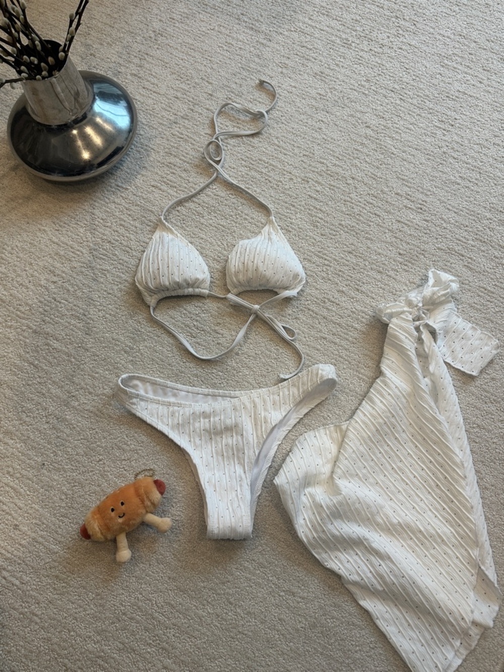 White Ribbed Triangle Bikini Set with Matching Cover-Up